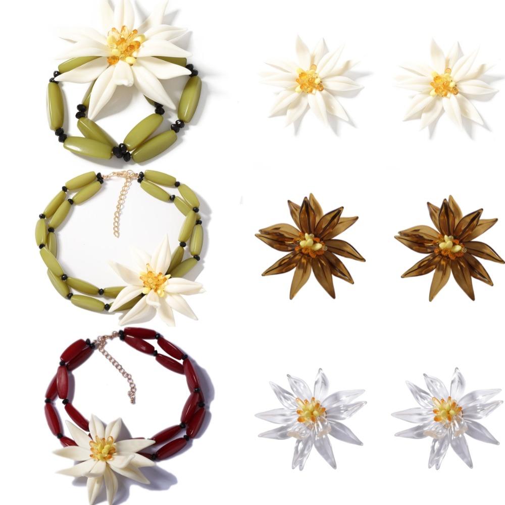 Bracelet Bamboo Flowers Jewelry Set Handmade Floral Ear Studs  Vacation