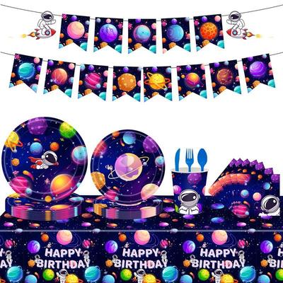 Space Planet Astronaut Theme Party Set, Paper Plates, Tablecloths, Tableware, Children's Birthday Party Scene Decoration Supplies