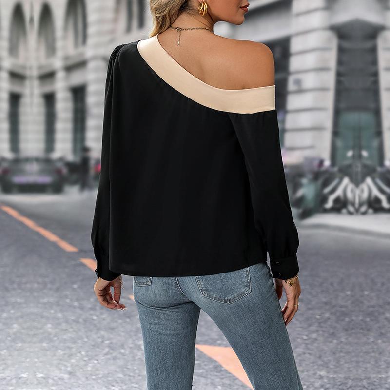 YYFS Women's Fashion Casual Spring Fall Long Sleeve Oblique Collar Blouses & Shirts