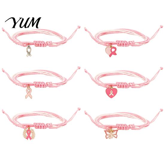 Breast Cancer Awareness Gifts Bracelet for Women, Adjustable Woven String with Handwoven Rope Wristband Ribbon Charm, Handmade Braided Survivor