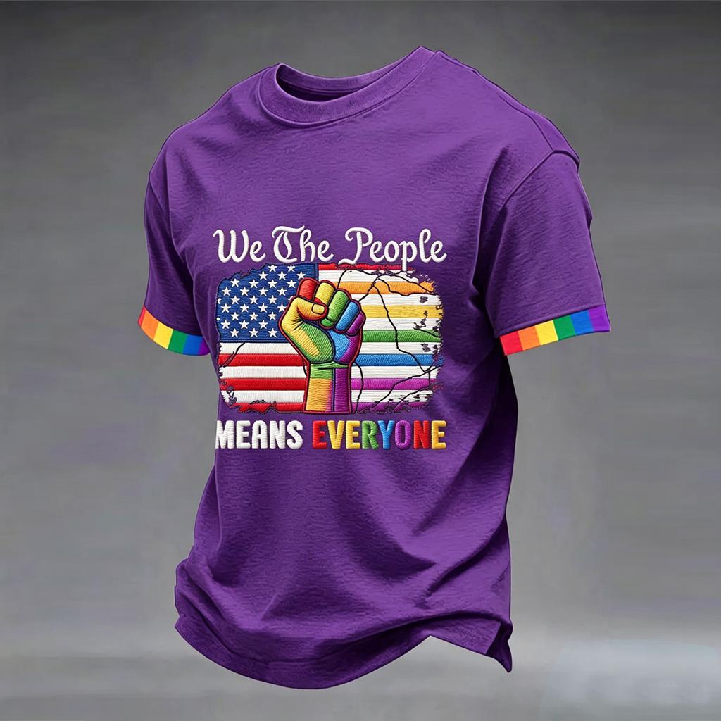 Short Sleeve Crew Neck T Shirt with Graphic Print United States Flag Raised Fist Lettering Design Casual Fit Unisex Top