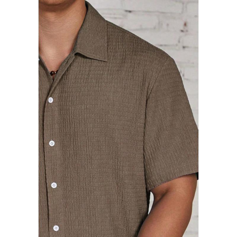Men Notched Lapel Short Sleeve Shirt Crinkle Waffle Texture Full Button Front Loose Vacation Casual Blouse Tops