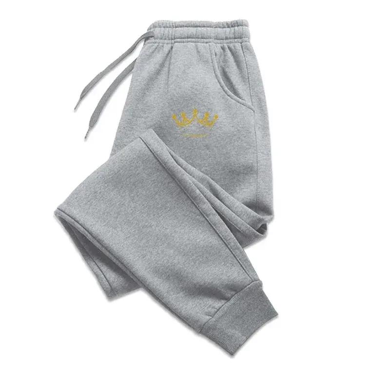 Golden-crown Men Jogger Pants Pocket Elegant Thin Golden Crown Print, Noble Minimal Line Graphic, Elastic Drawstring Soft Sweatpants for Streetwear