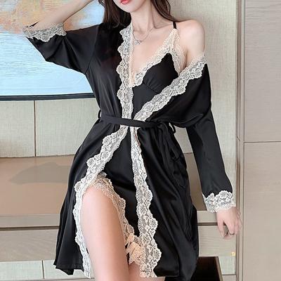 Accappatoio da donna con bretelle in pizzo, camicia da notte, set da due pezzi, mini abito da sposa in rayon, casual e ampio, da casa