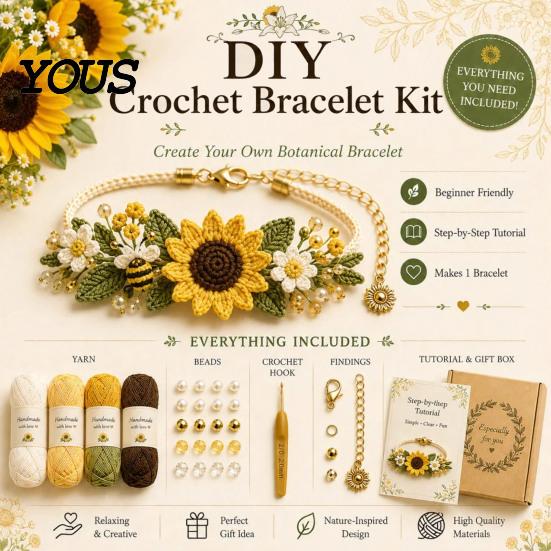 Handmade Accessory DIY Kit Crochet Bracelet Kit, Flower Craft Set with Beads, Yarn And Beads Floral Making for Beginners, Gift Beginners