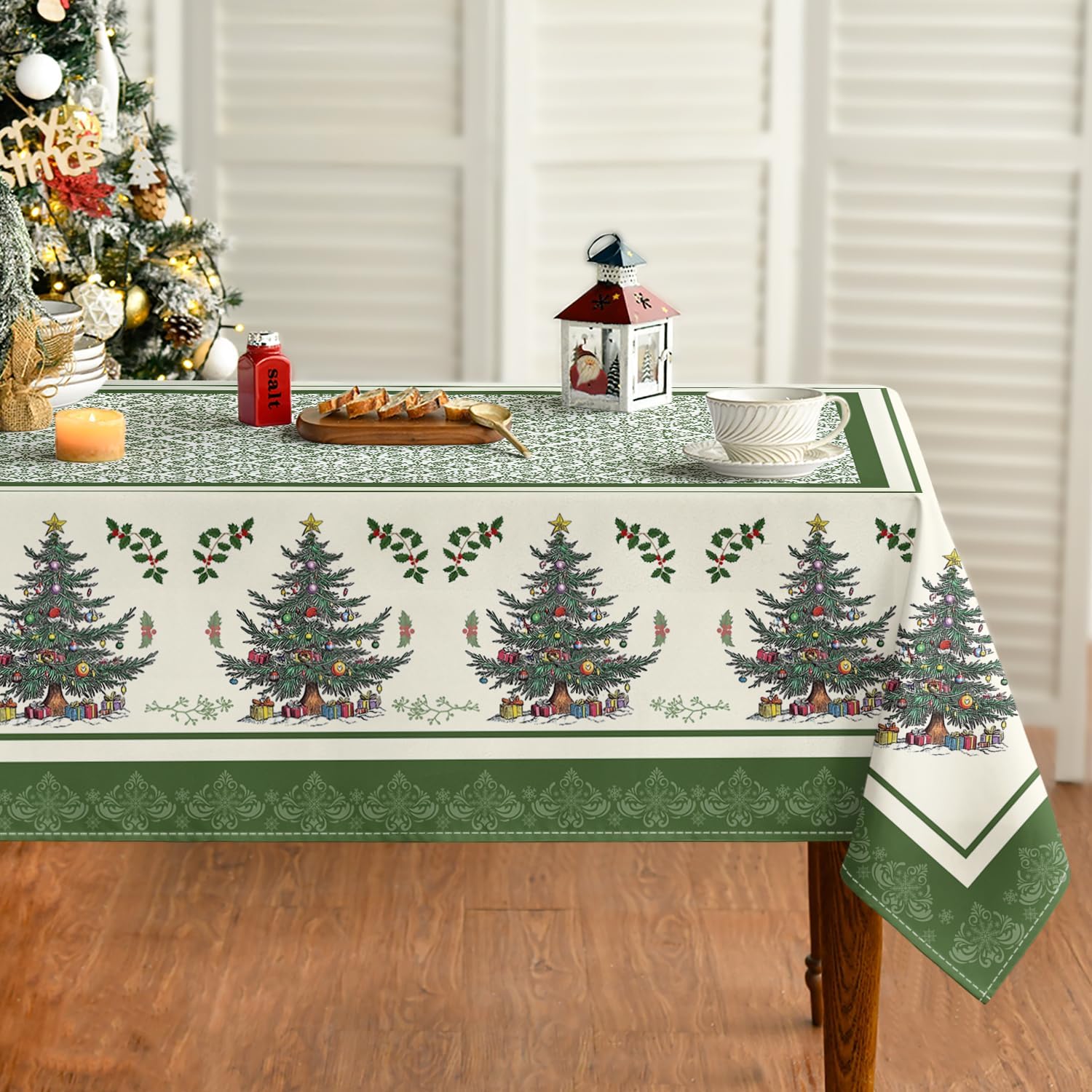 Merry Christmas Xmas Tree Holly Waterproof Tablecloth Table Decor Winter Holiday Kitchen Dining Tablecloth Christmas Decorations 90x140cm