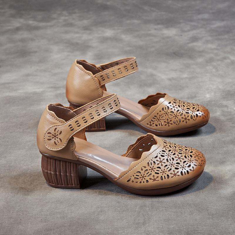 

Sandals women s outer wear new summer Velcro women s shoes first layer cowhide medium and old high heels retro hole shoes 41 темно-коричневого кольору