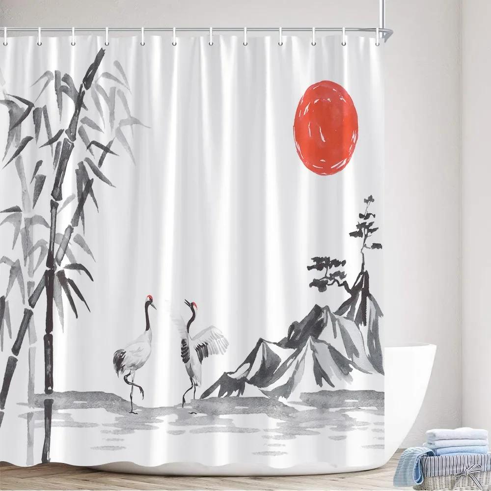 Flower Carp Shower Curtains Bird Red Floral Koi Fish Ink Plants Mountain Water Landscape Fabric Bathroom Decor Bath Curtain Sets