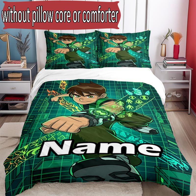 3pcs Duvet Cover Set (1*Duvet Cover + 2*Pillowcase, Without Core), Custom Name Ben 10 Cartoon Pattern Bedding Set, Home Bedroom Decor Gift