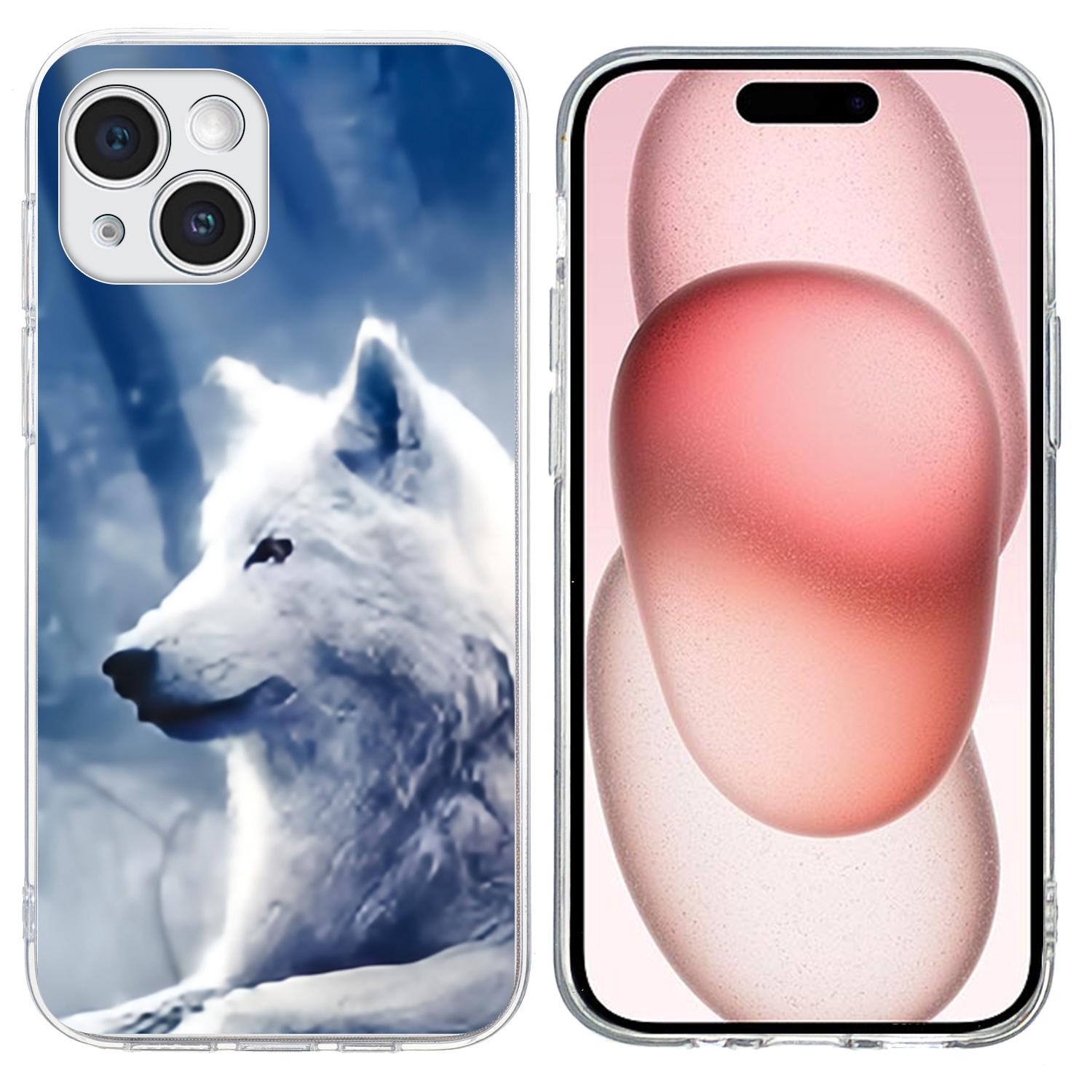 

For iPhone 15 Case Pattern Printing Shockproof Soft TPU Phone Cover White Wolf