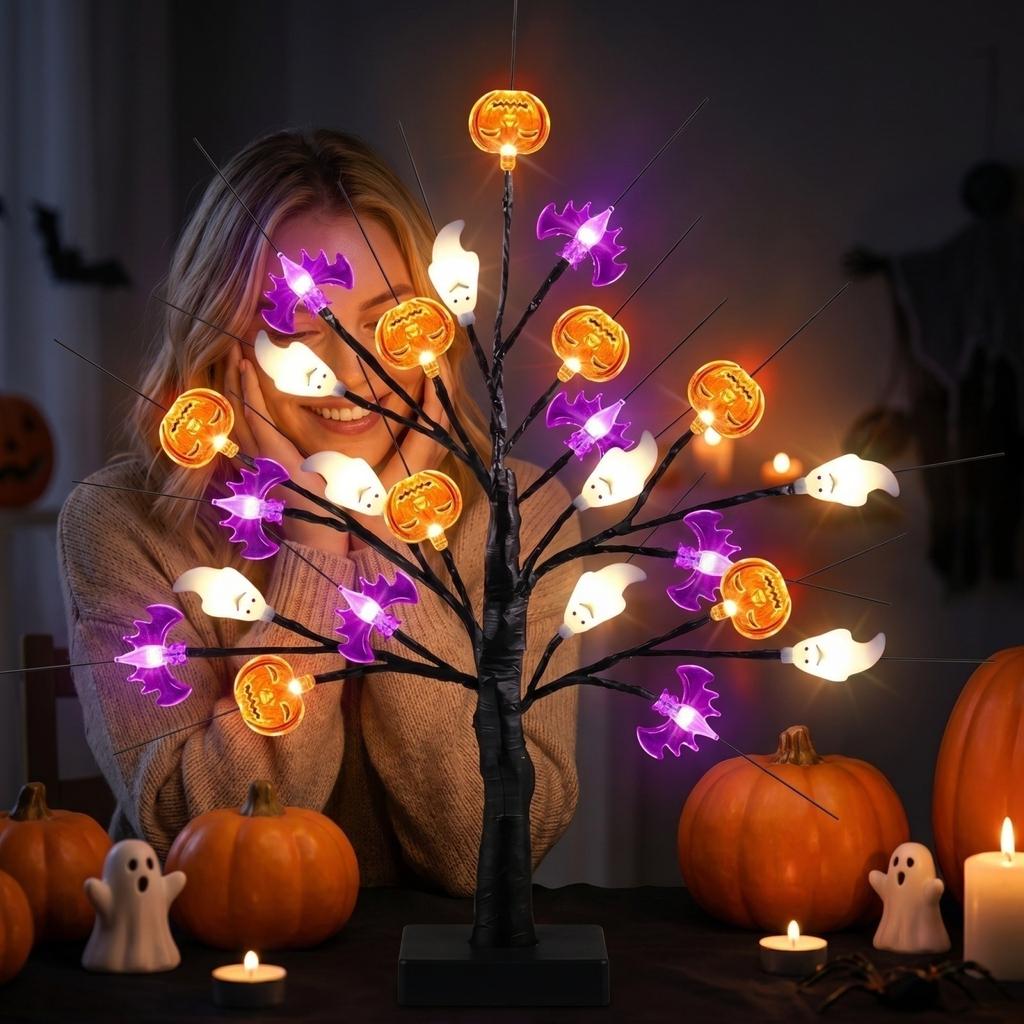 LED Halloween Lighted Tree Decoration Indoor Battery Operated Tabletop Halloween Ornament with Pumpkin Ghost and Bat Shapes for Home