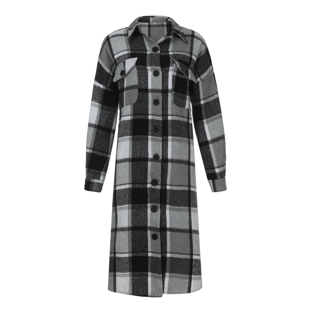 Damska modna odzież wierzchnia w kratę z długim rękawem i klapami, długa kurtka trencz