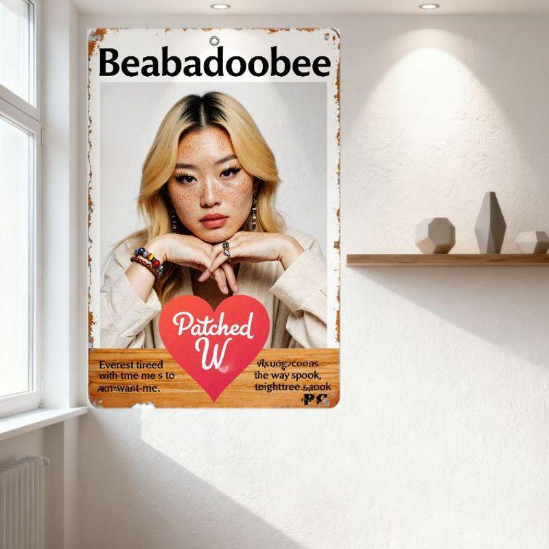 Beabadoobee Vintage Metal Tin Sign with Patched W Heart, Distressed Rusty Border Home Wall Decor Art for Man Cave Bar Café
