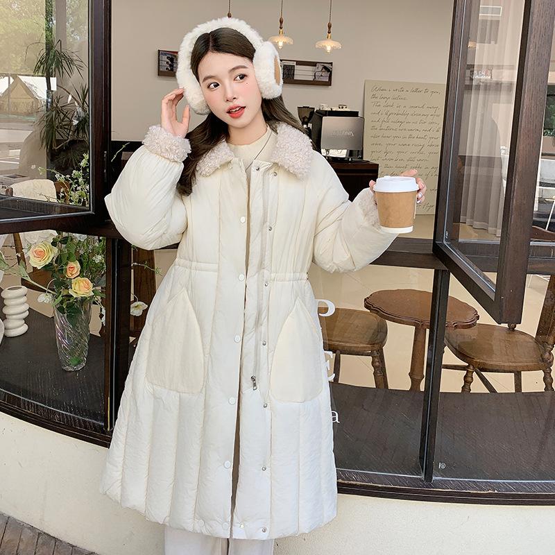 2025 New Lamb Wool Collar Waist Women's Long Down Cotton Clothes Solid Color Single-breasted Loose Coat