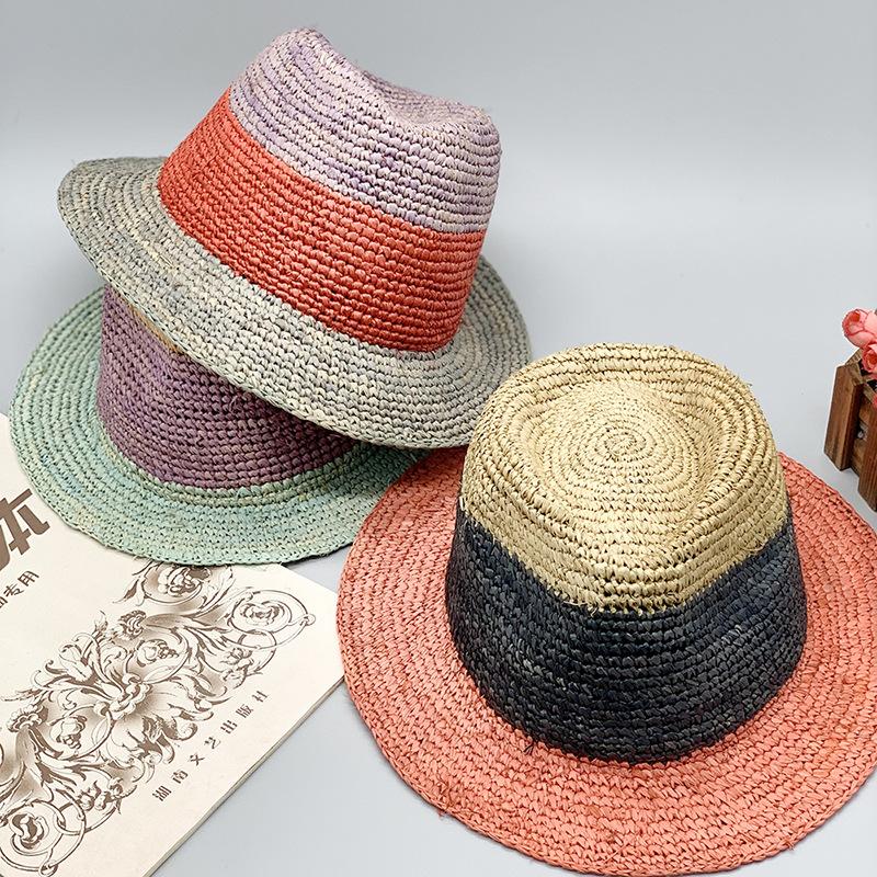 Natural Raffia Crochet Straw Hat Color Matching Hat Casual Striped Ruili Wind Short Brim Top Hat Seamless