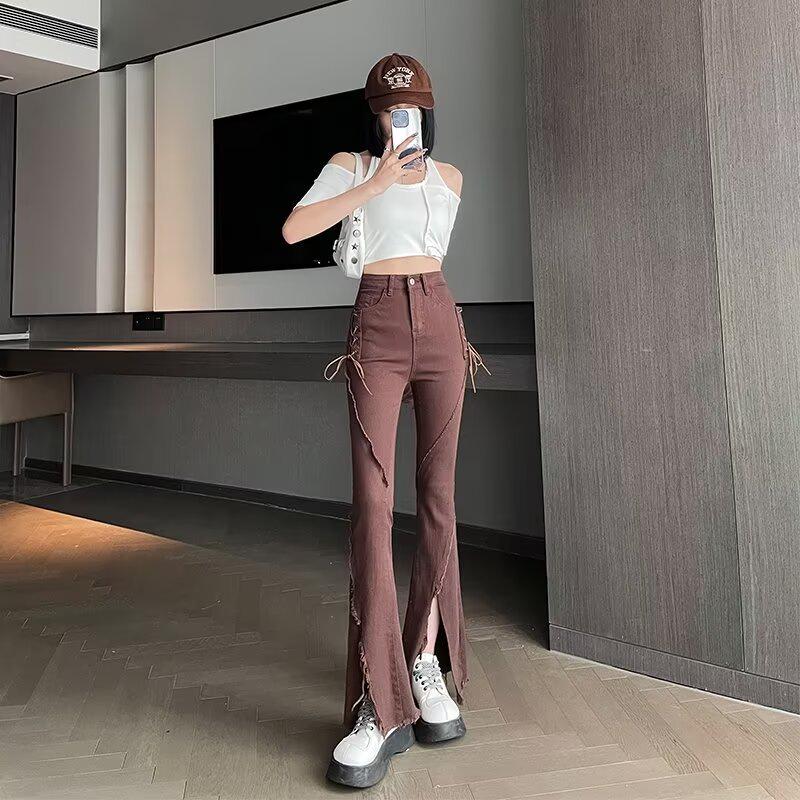 

Женские джинсы клеш с высокой талией и шнуровкой - Ретро, облегающие, эластичные, микро-клеш S коричневый