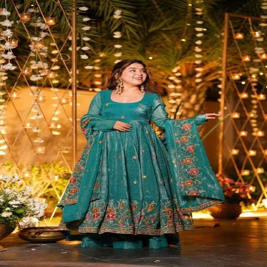 Women's Floral Embroidered Anarkali Set with Sheer Dupatta