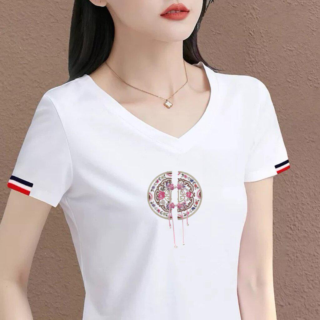 

Women s Chinese Style V-Neck Short Sleeve White Print T-Shirt - Stylish, Versatile for Mothers L