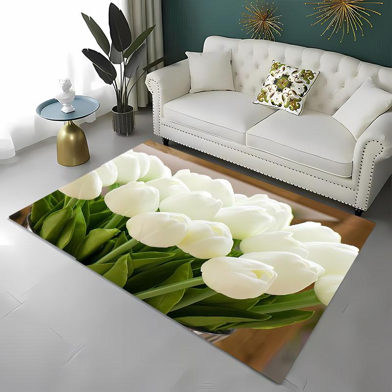 Krásný 3D tištěný koberec s tulipány do obývacího pokoje, ložnice Alfombra Protiskluzový měkký kusový koberec Pohovka Vstupní rohožka Domácí rohožka Dekor Tapete