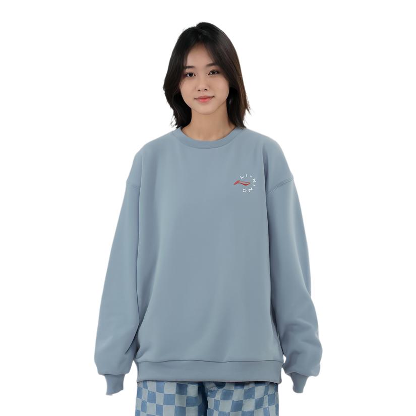 Li Ning Fitness Series Logo Print Solid Color Loose Round Neck Pullover Sweatshirt Women sweatshirt Mist-Blue AWDR874-7