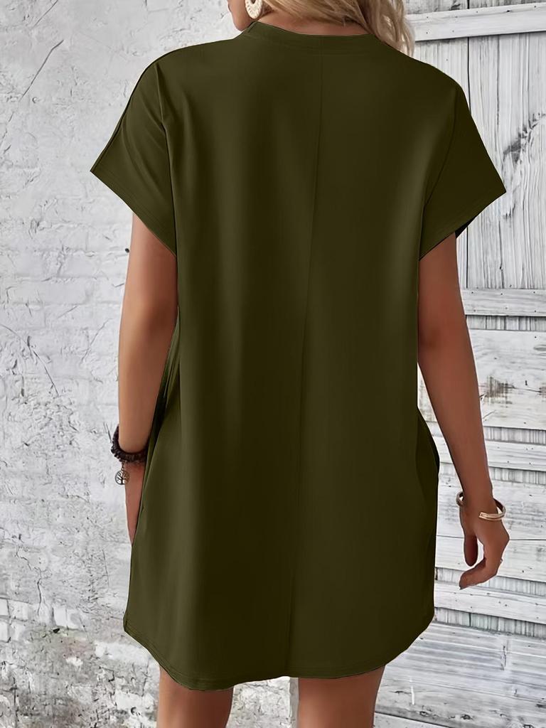 2024 Women's Solid Color Round Neck Loose Short Sleeve Pocket Dress - Spring/Summer Collection
