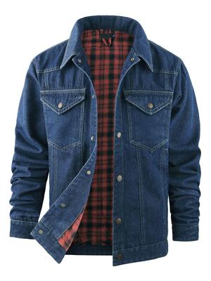 Men's Plus Size Western Plaid Flannel Denim-Style Jacket