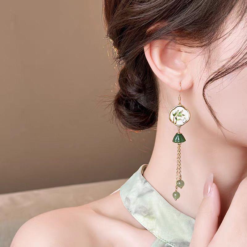 Chinese Emerald Tassel Lotus Pod Earrings: Unique, Long Style, Versatile Fashion Accessory for Women