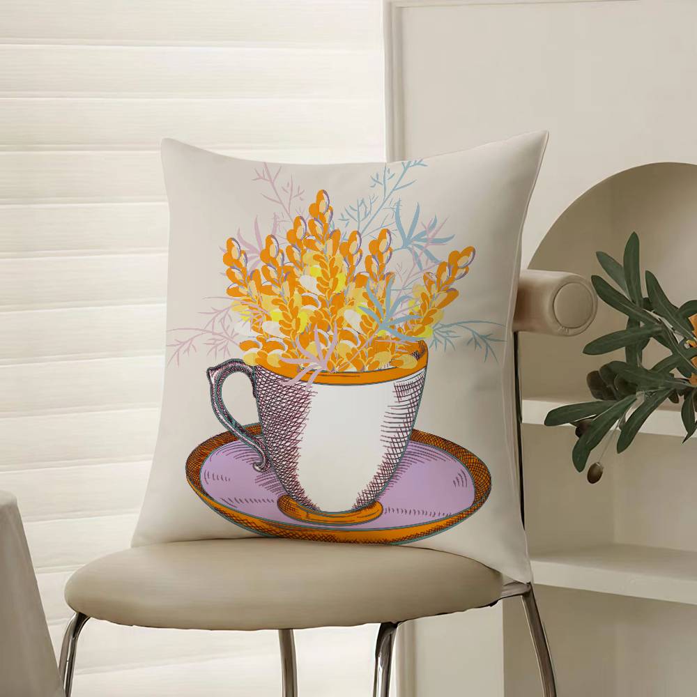 Painting Cup of Flowers Pillow Case Comfort Sofa Bed Silky elegant Invisible zipper Decorative cushion cover