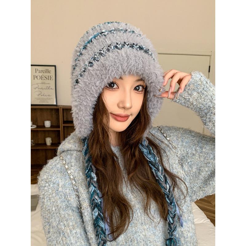 Color Striped Hat Women's Autumn and Winter Advanced Sense Windproof and Cold-proof Knitted Hat Big Head Circumference Piled Thickened Headgear