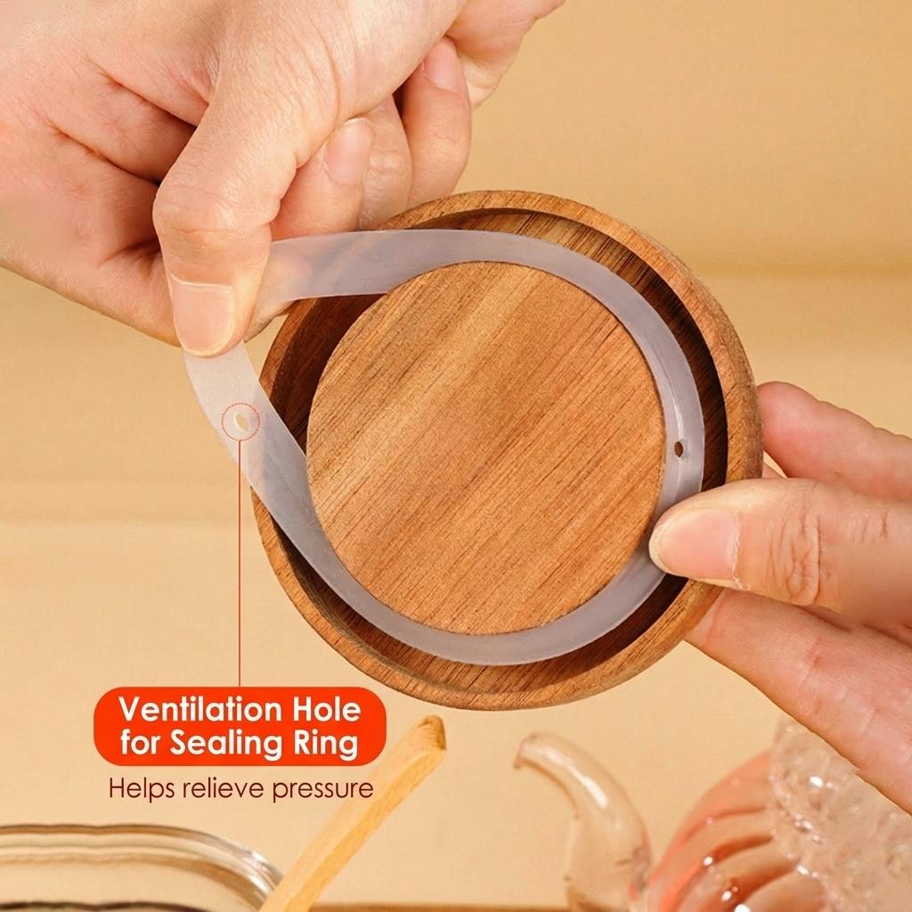 Elegant Food Storage Jar Embossed Glass Canister for Kitchen Organization Airtight Wooden Lid Coffee Tea Nut Container