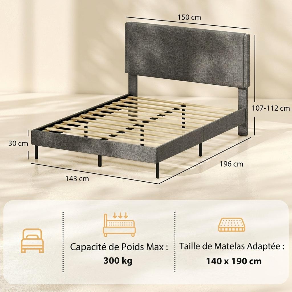 Double Bed Frame, 140 x 190 cm, Slatted Base and Headboard, Linen, Storage Underneath, Grey