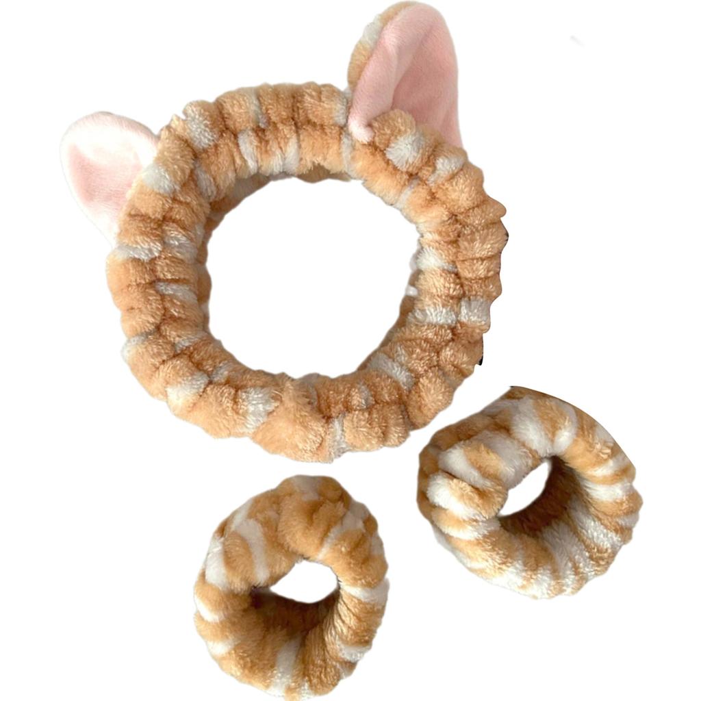 1set Elastic Women Shower Hairband & Wristband Cute Kitten Plush Face Wash Hairband Home Makeup Headband Wristband