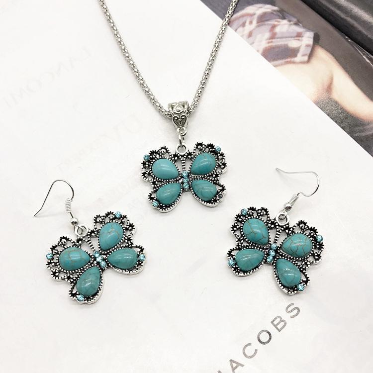 Vintage Necklace Earrings Set Bohemian Ancient Silver Turquoise Sweater Collarbone Chain Versatile Earrings