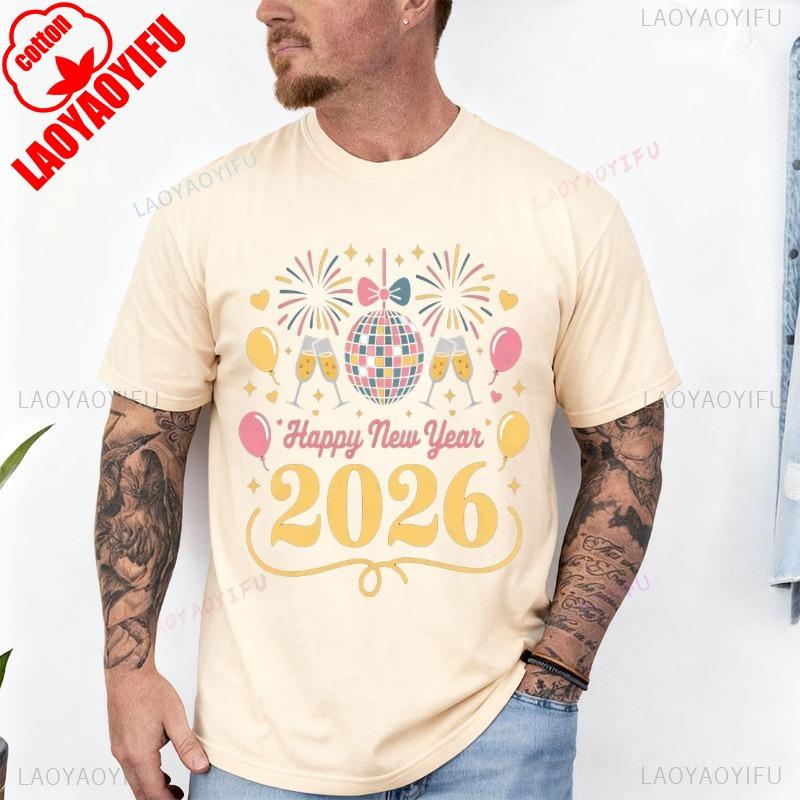 Happy New Year 2026 Celebration Party Lover Baloon Firework Short Sleeve Cotton Top All Seasons Casual Fashion Comfortable Tees