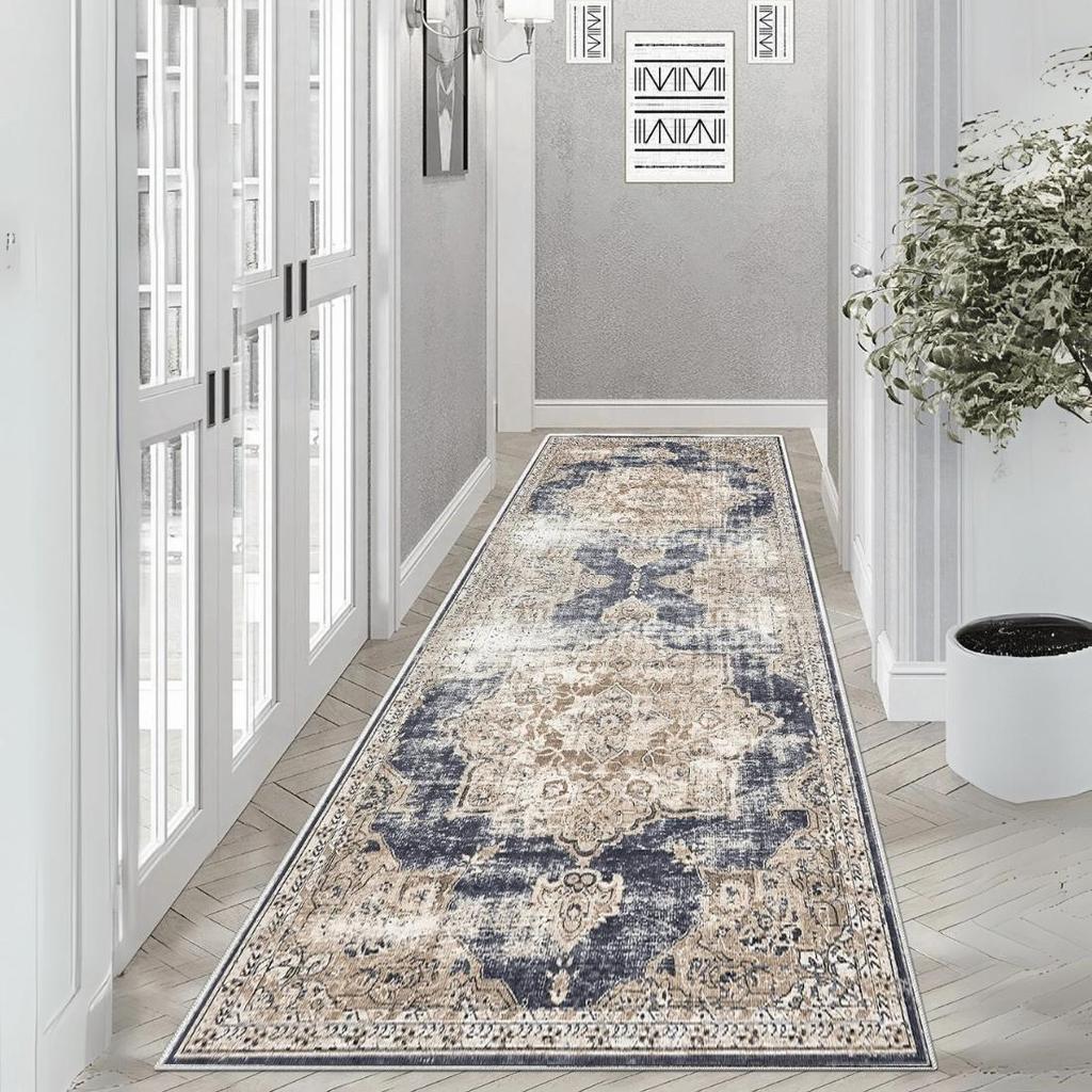 Antique Patterned, Blue and Beige Tones, Vintage Style Living Room Carpet, Washable Hallway Carpet, Authentic Runner
