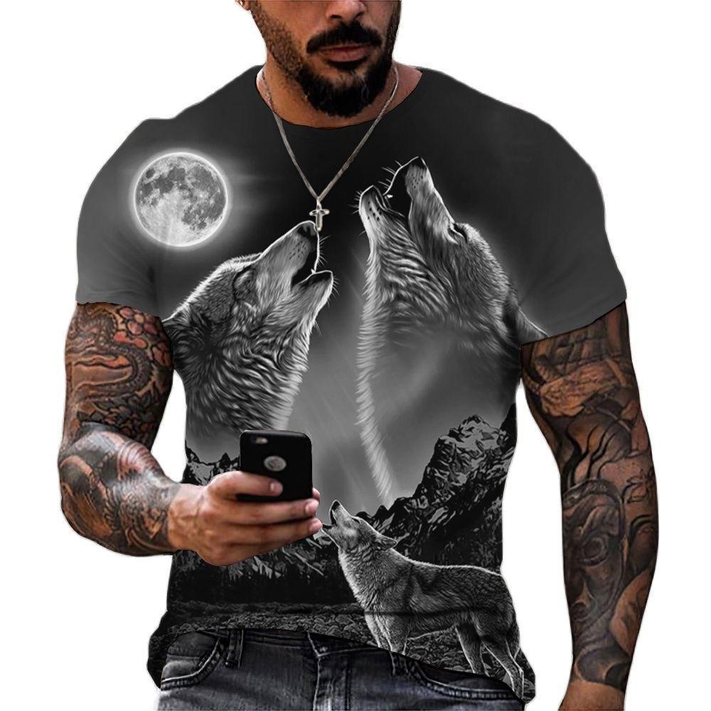 Men's Short Sleeve T-Shirt, 3D Howling Wolf Moon Print, Stylish Casual Wear