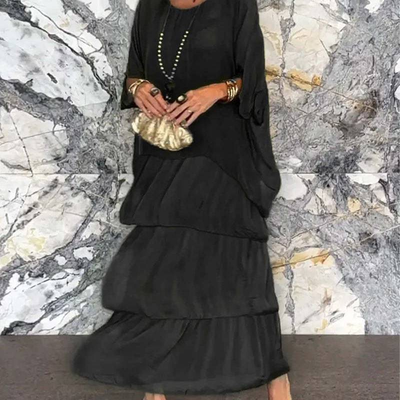Polyester Chiffon Batwing Sleeve Long Dress With Ruffle And Loose Waist For Spring Fashion