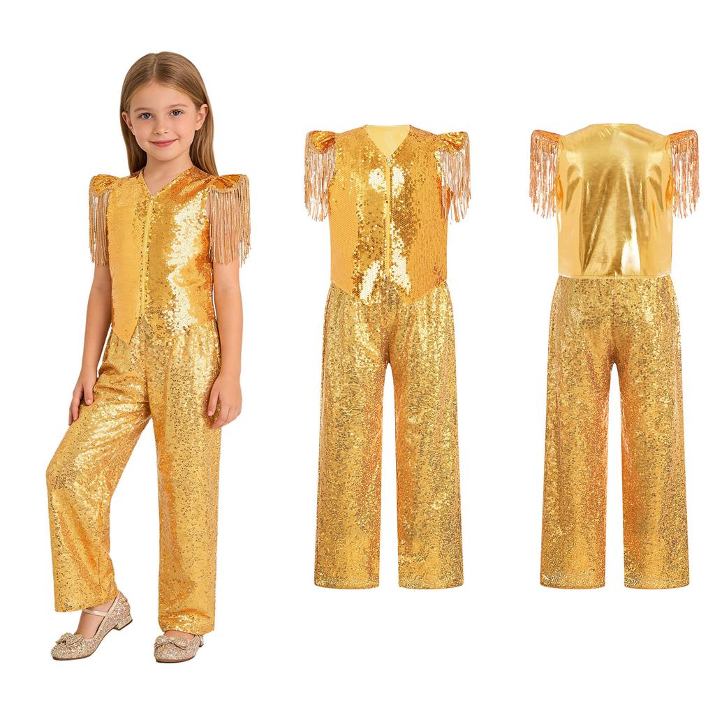 Kids Jazz Dance Costume Set Sequin Embellished Cap Sleeve V Neck Asymmetrical Hem Zip Vest with Elastic Waist Pants for Stage Competition