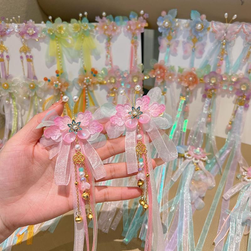 1 Pair Ancient Chinese Hanfu Girl'S Tassel Hair Clip Princess Style Flowing Silk Hairpin Adorable Headwear For Little Girls