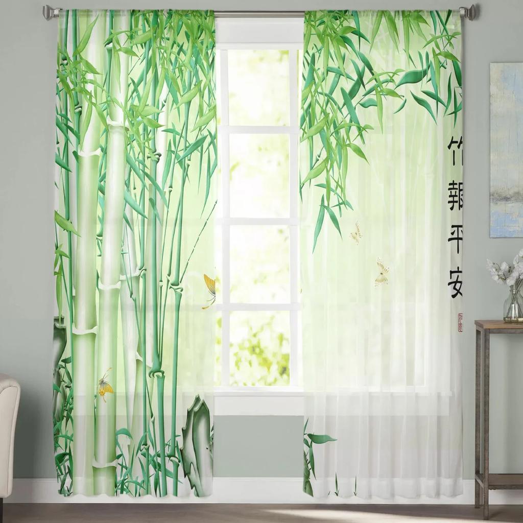 Green Bamboo Butterfly Chinese Style Tulle Sheer Curtains for Living Room Decor Window Curtain for Bedroom Voile Organza Drapes