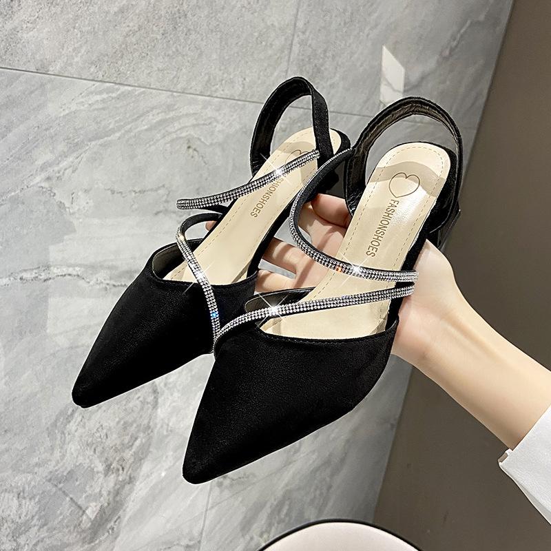 

Beautiful soft leather sandals fairy wind 2025 new Korean version bag head medium thick heel rhinestone versatile fashion sandals woman 40