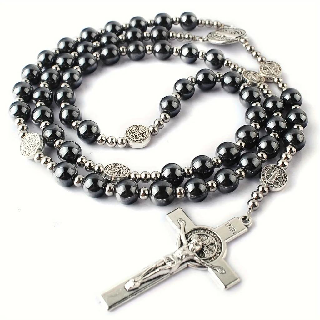 Cross necklace with stainless steel beads and St. Benedict beads, cross design, perfect for everyday wear