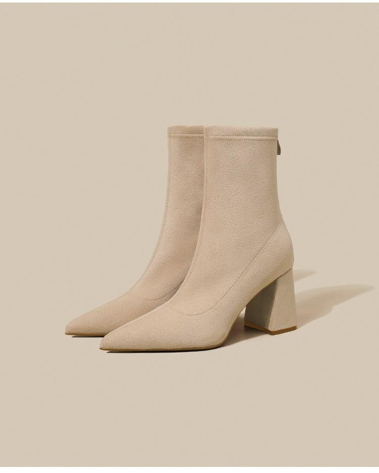 Large size 2025 new nude boots pointed high heel short boots women's autumn and winter socks boots thick heel thin boots