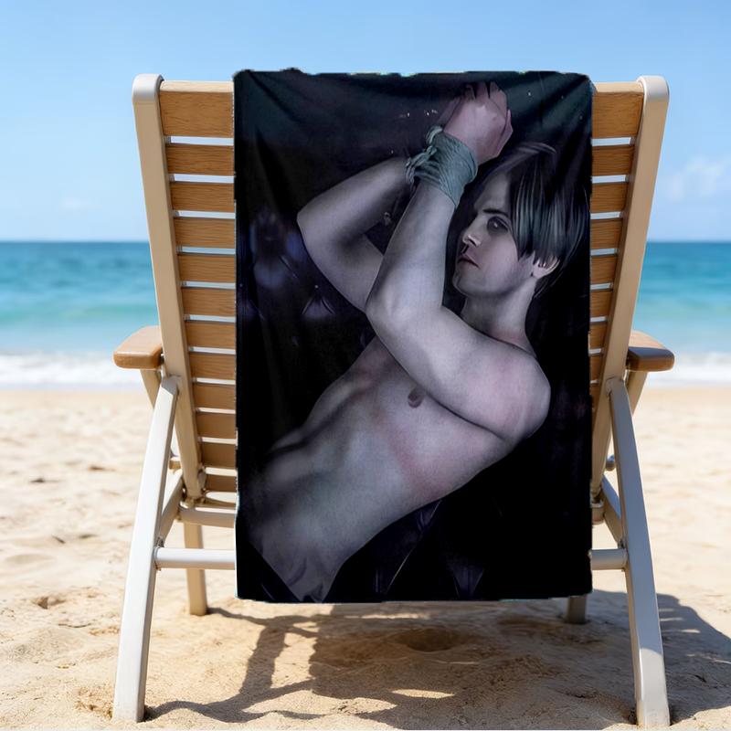 proof beach towel with a Resident Evil Leon S. Kennedy pattern - soft,absorbent,quick-drying,machine washable - perfect for swimming,camping,bathing