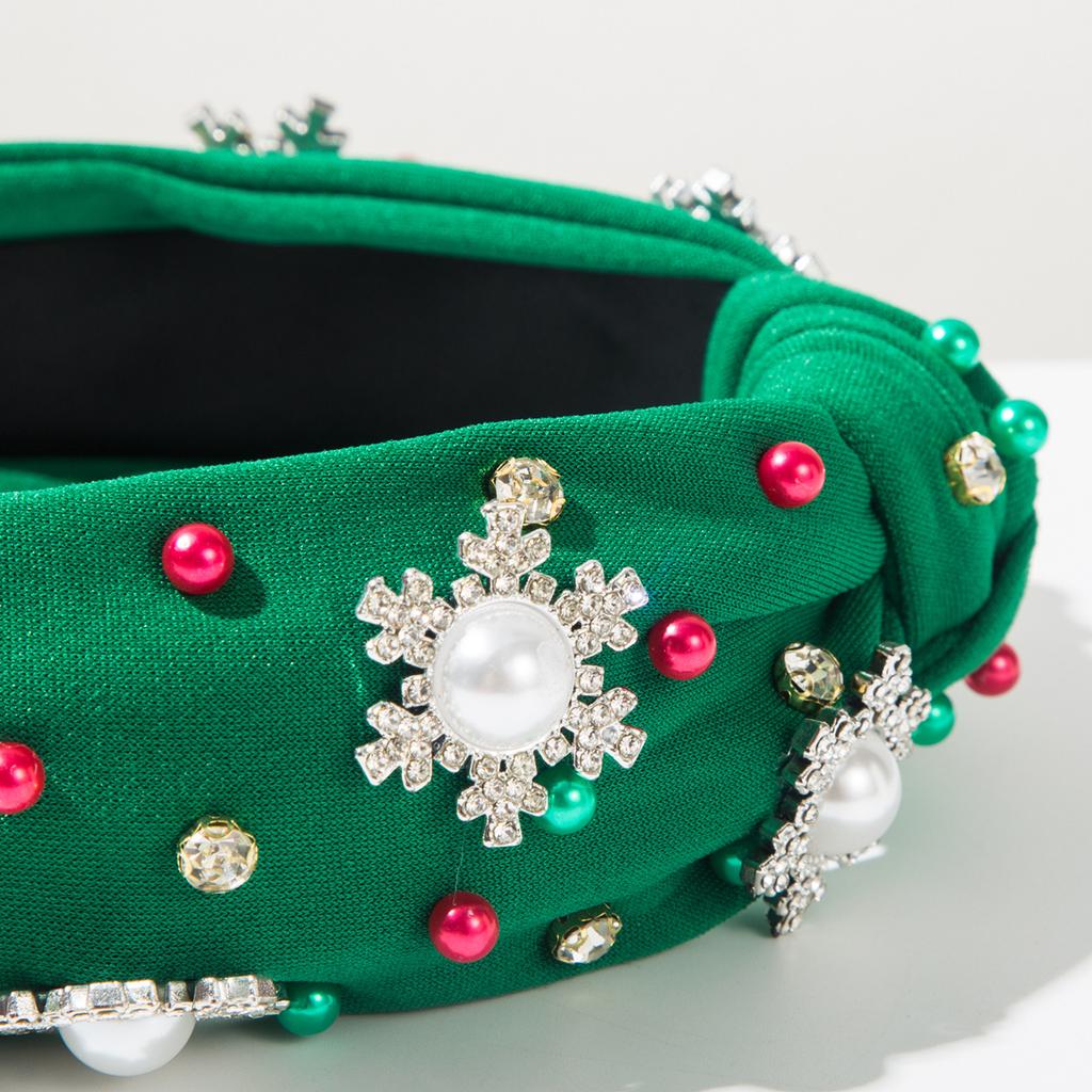 Women Christmas Snowflake Hairband Fashion Satin Studded with Rhinestone Pearls Headband Girls Party Hair Styling Accessories