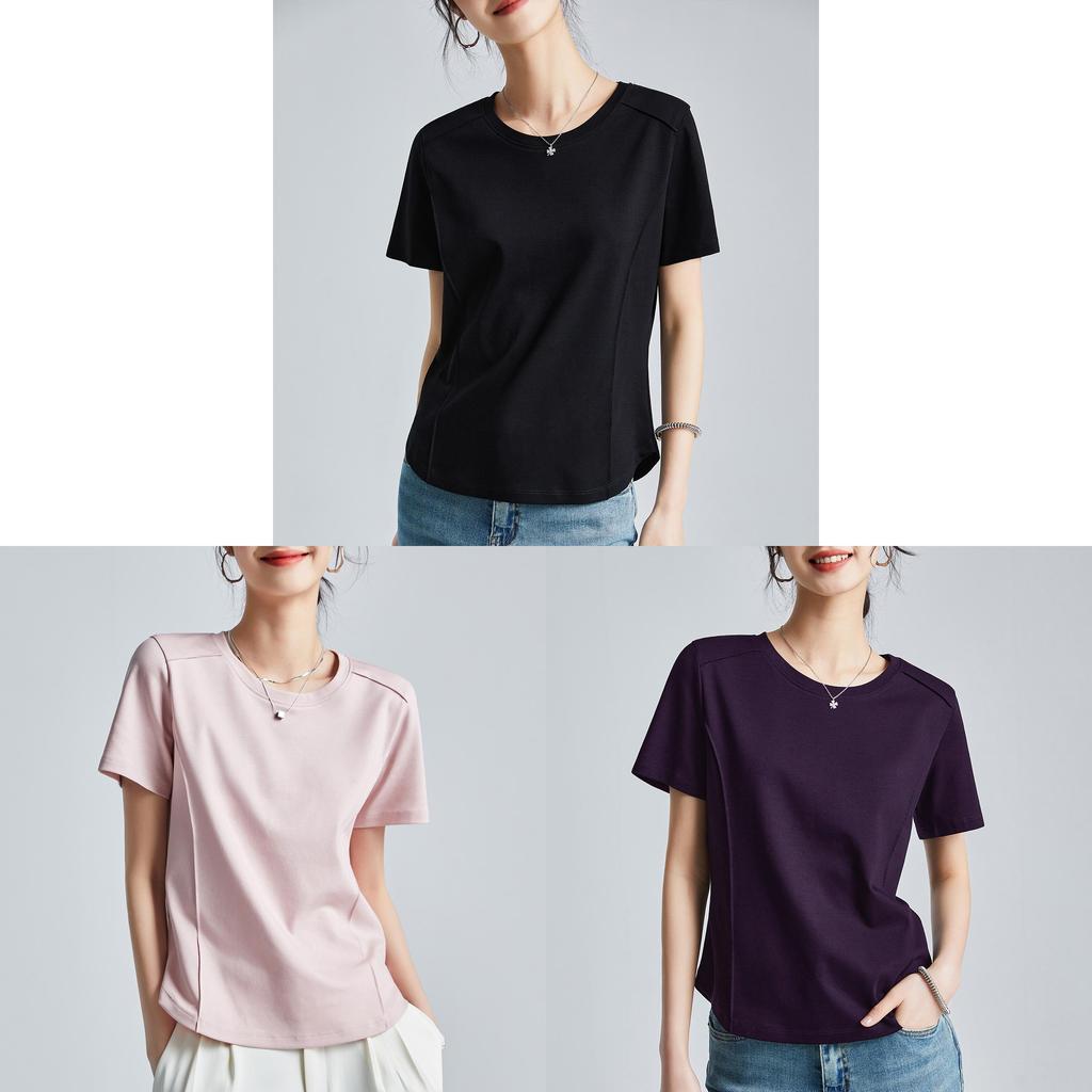 Camiseta de Manga Corta de Algodón y Seda para Mujer con Diseño de Empalme para Estilo Urbano Casual