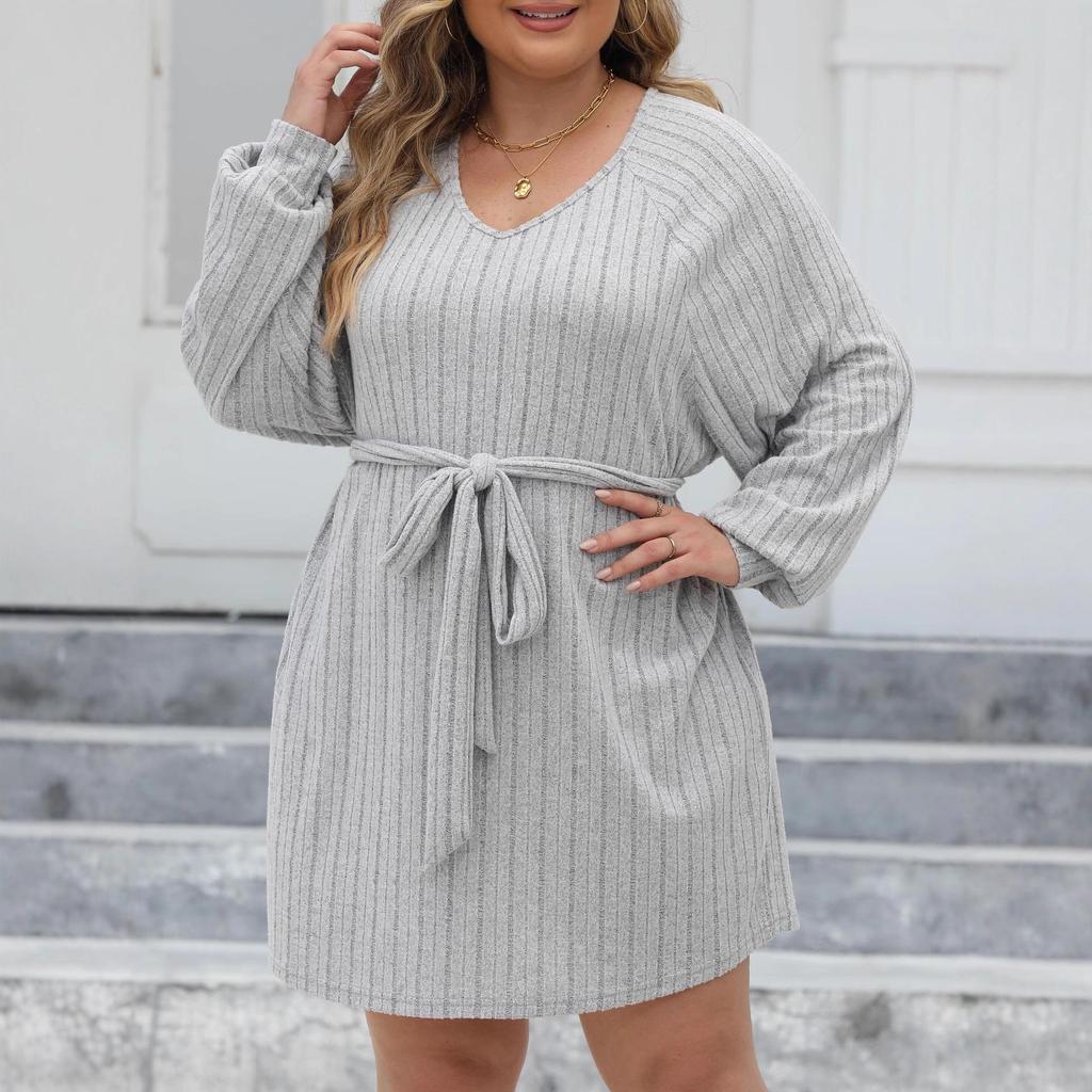2025 Women's Plus Size Ribbed V-neck Strappy Knit Dress - Casual and Stylish