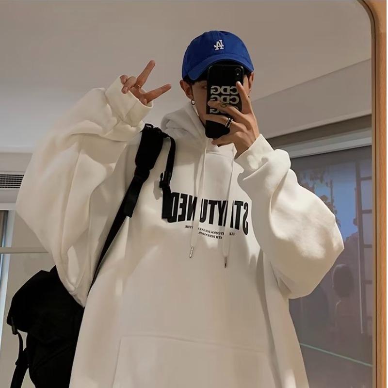 Men's Trendy American Letter Print Hoodies - Autumn/Winter Hong Kong Style, Large Size Youth Pullover Jacket