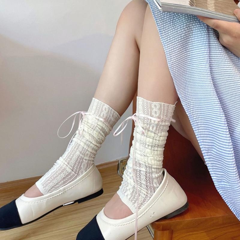 Womens Girls Summer See Through Striped Lace Leg Warmer Cute Ribbon Bowknot Lightweight Leg Cover Long Socks Stockings