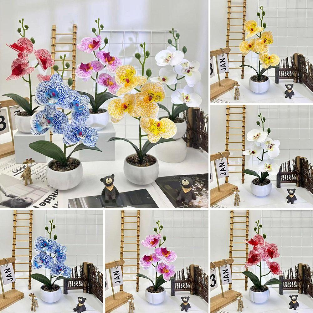 Multicolor Artificial Orchid Bonsai White Flowerpot Green Leaves Simulation Flower Potted Photo Props Accessories
